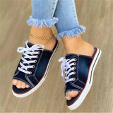 kamames summer open-toe fish mouth denim lace-up shoes casual flat shoes ladies large canvas slippers