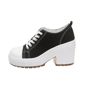 kamames High-Top Canvas Shoes Women's 2024 New Retro Thick Heels With Round Head Lace-Up Thick Soles And Small White Shoes