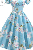 kamames Dress Women Puff Sleeve Swing Vintage Dresses Robe Femme Elegant Floral Print Pin Up Party Dresses Jurken