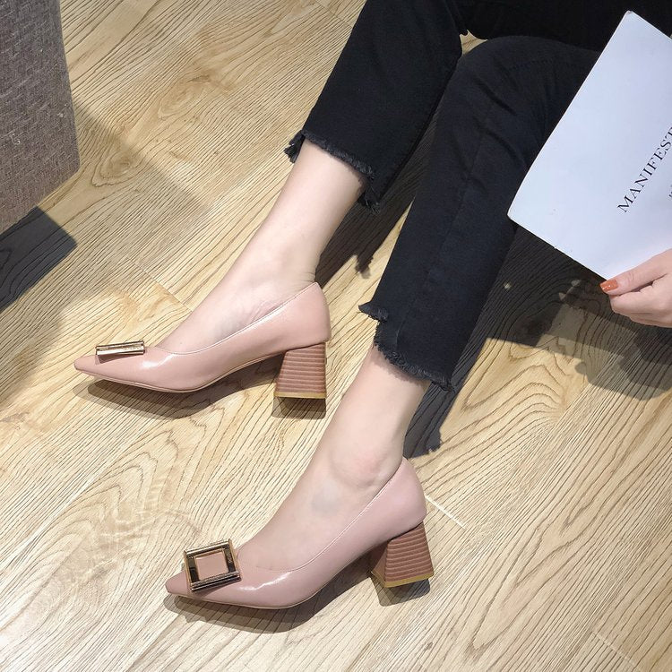 kamames Heels Pointed Toe Pumps Shoes Women Leather Med Heels V Mouth Casual Office Lady OL Shoes 5 cm Heel