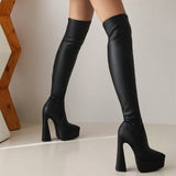 kamames Fashion Stretch Women Over The Knee Boots Pu Platform Square High Heel Thigh Boots Slip On Pointed Toe Winter Autumn Shoes