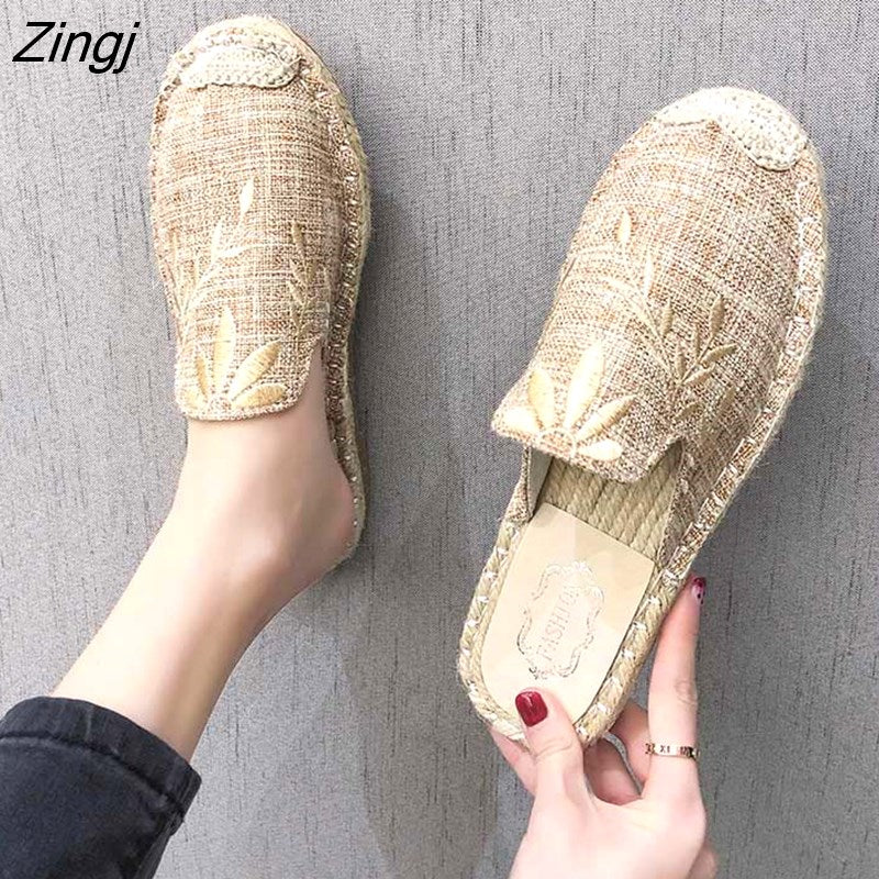 kamames Flower Embroider Shoes Woman Hemp Canvas Flats Shoes Ladies Espadrilles Loafers Round Toe Cotton Moccasins Shoe Walking