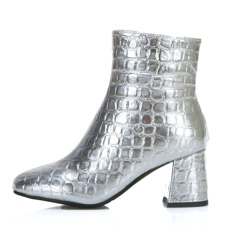 kamames Red Silver Fashion Patent Leather Women Boots Square Low Heel Ankle Boots Zipper Autumn Winter Boots Shoes 2021