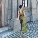 kamames Green V-Neck Satin Jacquard Dress Women's Backless Sexy Maxi Dress Summer Ladies Robe Vintage Vestidos Female Clothing 1028-0