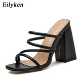 kamames Sexy Snake Print Leather Women Slippers Outdoor Open Toe Sliders Shoes Fashion Square High Heels Summer Sandals