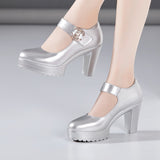 kamames Cowhide Cheongsam Model Catwalk High Heels Women's Non-Slip Round Head Thick-Soled Waterproof Platform Professional Work Shoes Women's Singles Shoes