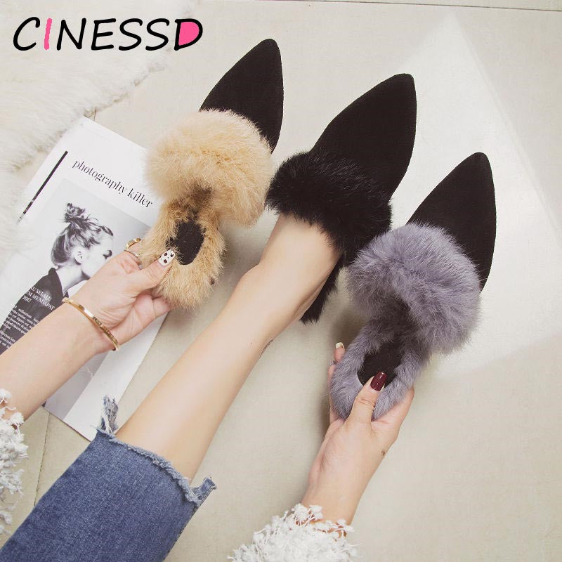 kamames Rabbit Fur Slippers Mules Pointed Toe Elegant High heels Shoes Women's Autumn New Furry Slides Flip Flops Office Work Shose
