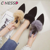 kamames Rabbit Fur Slippers Mules Pointed Toe Elegant High heels Shoes Women's Autumn New Furry Slides Flip Flops Office Work Shose
