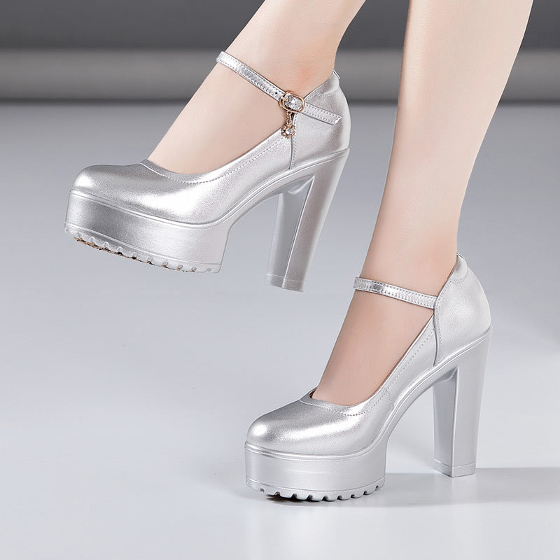 kamames Cowhide Catwalk High Heels Women's Anti-Skid Thick Heel Waterproof Platform Cheongsam Models Soft Leather Work Shoes Women's Singles