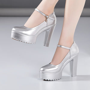 kamames Cowhide Catwalk High Heels Women's Anti-Skid Thick Heel Waterproof Platform Cheongsam Models Soft Leather Work Shoes Women's Singles
