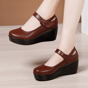kamames Heel Slope Thick Soles Round Head Shallow Mouth Single Shoes Soft Soles Comfortable Leisure Middle-Aged Mother Shoes Large Size Small Leather Shoes