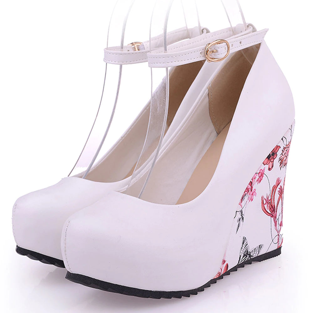 kamames Sgesvier large Sizes 34-43 Wedges High Heels Party wedding Pumps shoe Flower Print Platform Ankle-Strap Women Shoes Woman pumps