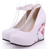 kamames Sgesvier large Sizes 34-43 Wedges High Heels Party wedding Pumps shoe Flower Print Platform Ankle-Strap Women Shoes Woman pumps