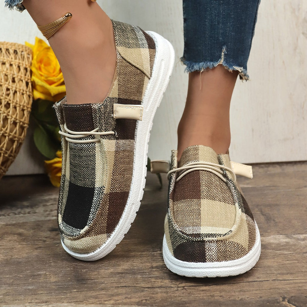 kamames New Plaid Canvas Shoes Comfortable Flat Soles Single Shoes Lazybones One Foot Boat Shoes Large Size Women's Shoes