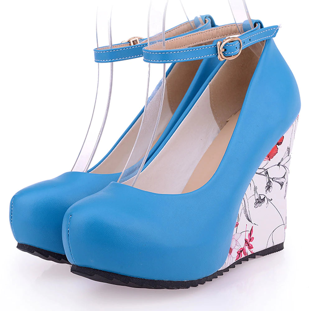 kamames Sgesvier large Sizes 34-43 Wedges High Heels Party wedding Pumps shoe Flower Print Platform Ankle-Strap Women Shoes Woman pumps