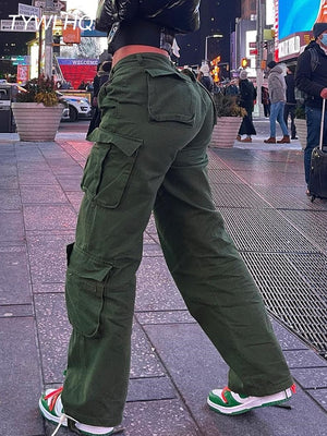 kamames Green Cargo Pants Baggy Jeans Women Fashion Streetwear Pockets Straight High Waist Casual Vintage Denim Trousers Overalls