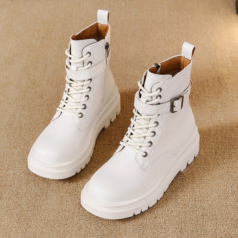 kamames Punk Ankle Thick-soled Motorcycle Ankle Boots Women's Lace-up Spring Thick Heel Belt Buckle Pocket Designer Chunky Shoes