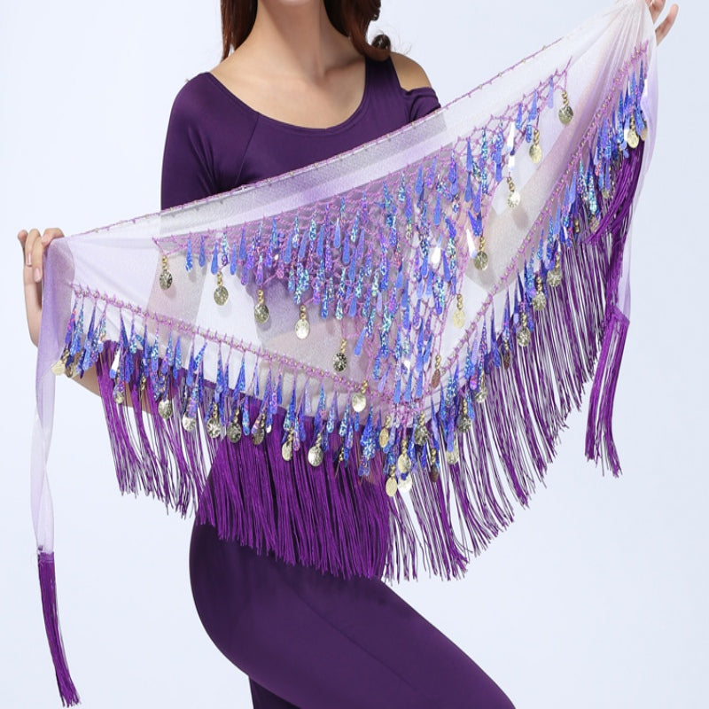 kamames Dance Hip Skirt Scarf For Wrap Waist Belt Bling Golden Coins Sequins Tassels Dance Accessories Chiffon fringe scarf