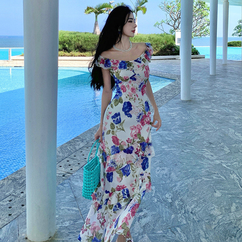 kamames Print Floral Long Dresses for Women 2023 French Vintage Sleeveless Ruffle Slim Female Clothes Elegant Party Holiday Robe