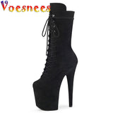 kamames Pure Colour Lace Up Model Walk Show Short Boots Suede Stripper 20CM Super High Heel Shoe Women Candy Color Platforms Party Pumps