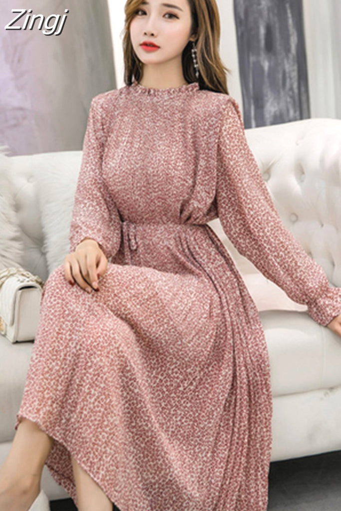 kamames Elegant Stand Collar Floral Print Chiffon Dress Full Sleeve Fashion Women Dresses Spring A-line Long Pleated Dress 3603 50