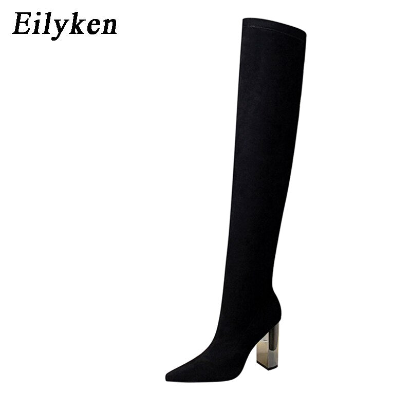 kamames Designer Stretch Cloth Women Over-the-knee Boots Metal Square High Heel Shoes Sexy Pointed Toe Ladies Motorcycle Booties