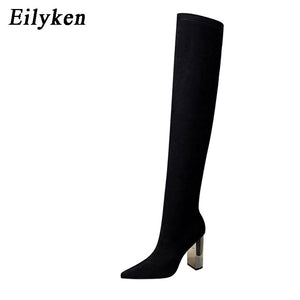 kamames Designer Stretch Cloth Women Over-the-knee Boots Metal Square High Heel Shoes Sexy Pointed Toe Ladies Motorcycle Booties