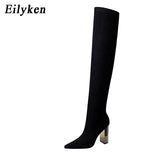 kamames Designer Stretch Cloth Women Over-the-knee Boots Metal Square High Heel Shoes Sexy Pointed Toe Ladies Motorcycle Booties