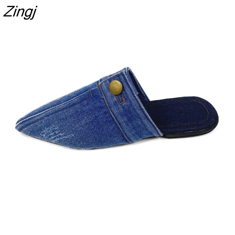 kamames Design Slippers 2023 Spring New Pointed Deep Mouth Thick High-heeled Denim Outer Wear Baotou Slippers Shoes for Women