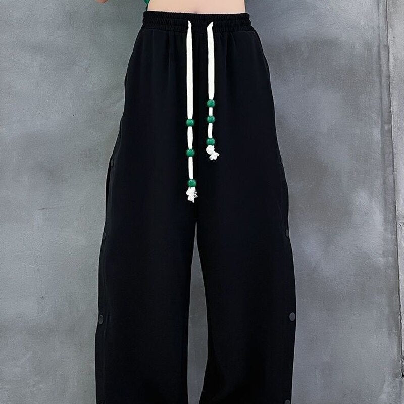 kamames Harajuku Loose Wide Leg Pants Women High Waist Elastic Streetwear Sweatpants Summer Vintage Lace Up BF Straight Trousers