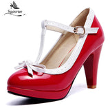 kamames Sgesvier Princess Lolita Mary Jane Shoes Woman High Heels Red White Bowtie Ladies Summer Spike Heel Pumps Party Summer B212