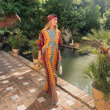 kamames Ethnic Style V Neck Slit Maxi Dresses Women Patchwork Dot Printed Long Sleeve Loose Dress 2024 Chic Summer Street Robes