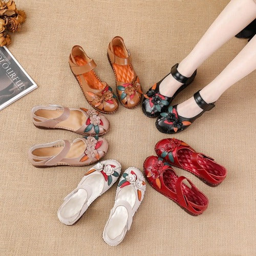 kamames Head Layer Cowhide Cow Tendon Bottom Mother Shoes Flat Sandals Hole Hole Anti-Slip Soft Bottom Soft Surface National Wind