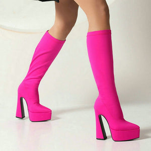kamames Fashion Women Knee High Boots Platform Square High Heel Long Boots Autumn Winter Pointed Toe Stretch Lady Shoes