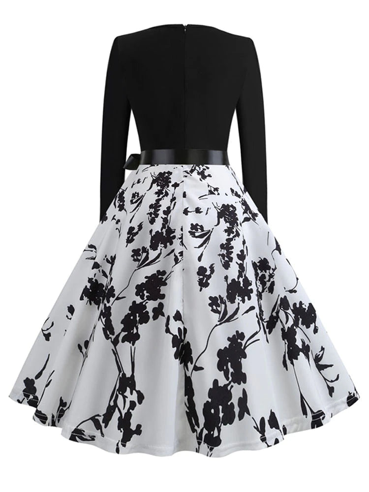 kamames Print Vintage Women New Spring Elegant Party Long Sleeve Casual Black Patchwork Midi Dress