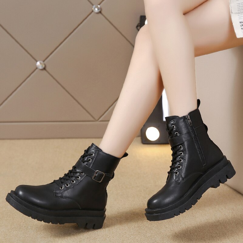 kamames Punk Ankle Thick-soled Motorcycle Ankle Boots Women's Lace-up Spring Thick Heel Belt Buckle Pocket Designer Chunky Shoes
