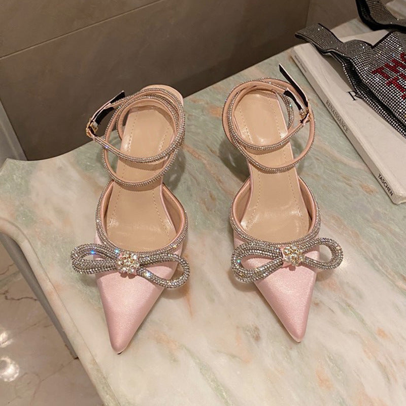 kamames Sandals 2024 Spring Style Ladies Diamond Bow Tie Women's Shoes Thin Heel Baotou French Style