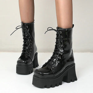 kamames Platform Ankle Boots Fashion Patent Leather Women Chunky High Heel Goth Boots Autumn Winter Lacing Woman Shoes Size 42 43