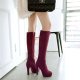 kamames Gray Women Flock Square High Heel Knee High Boots Fashion Platform Zipper Boots Autumn Winter Woman Shoes Brown Wine Red