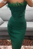 kamames Fur Feather Patchwork Sexy Women Knee Length Dress 2023 Strapless Off Shoulder Party Elegant OL Pencil Dress Vestidos