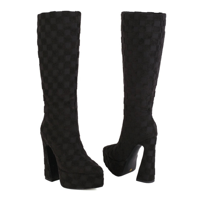 kamames Crocodile Leather Women Knee High Boots Fashion Platform Suqare High Heel Punk Boots Pointed Toe Motorcycle Boots Lady Shoe