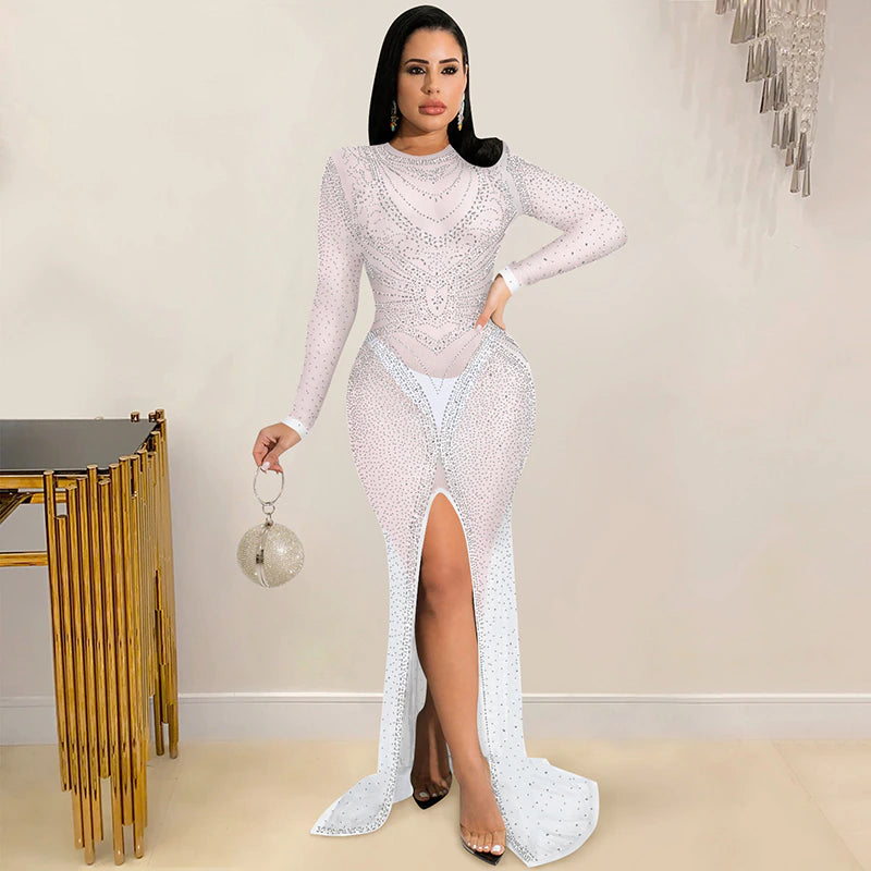 kamames Sexy Women Crystal Mesh Sheer Maxi Dress Ladies Long Sleeve See Through Bodycon Birthday Clubwear Long Dress Outfits