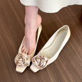 kamames Roses! Gentle Apricot Silk Satin Head Shallow Mouth Single Shoes Women's Low Thick Heels Flat Shoes
