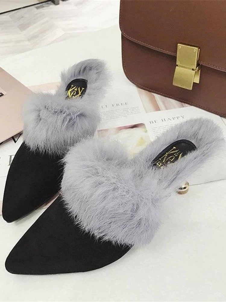 kamames Rabbit Fur Slippers Mules Pointed Toe Elegant High heels Shoes Women's Autumn New Furry Slides Flip Flops Office Work Shose