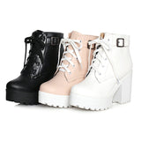 kamames Autumn Fashion Women Boots Square High Heels Platform Buckle Lace Up Pu Short Booties Winter Ladies Shoes 2021 White