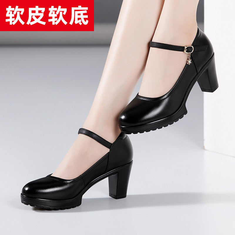 kamames Cowhide Catwalk High Heels Women's Anti-Skid Thick Heel Waterproof Platform Cheongsam Models Soft Leather Work Shoes Women's Singles