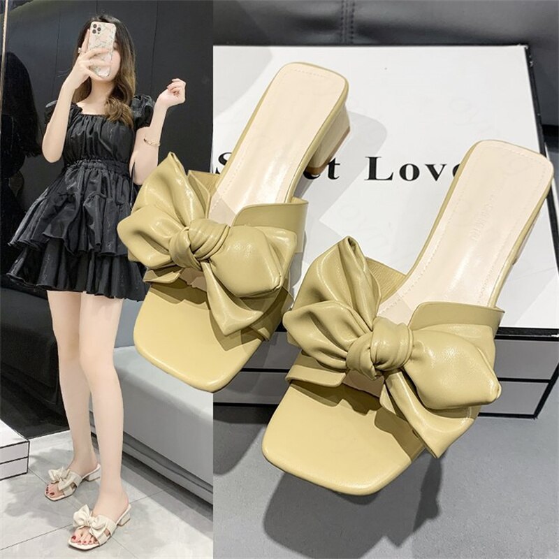 kamames female fairy style bow 2022 summer new casual square head outer wear thick heel sandals women shoes sandals pumps