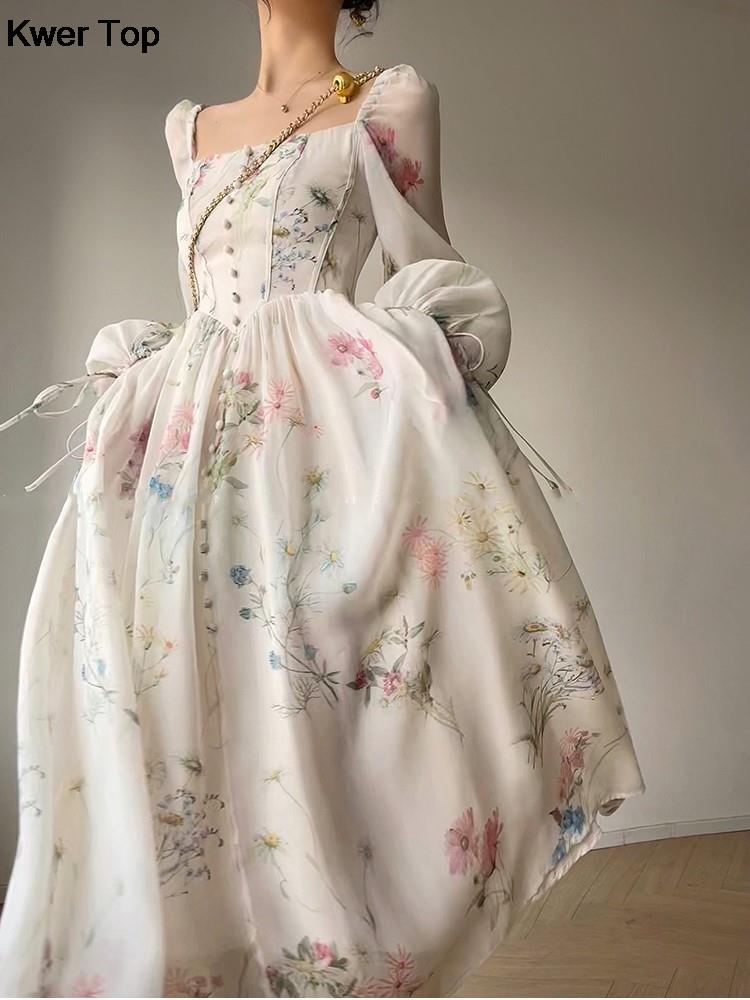 kamames Elegant Floral Party Dress Romantic One Piece Fairy Beach Dresses Woman Lantern Sleeve Evening Prom Vestidos 2024 Summer