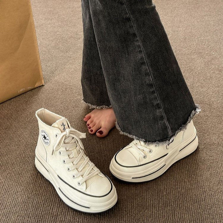 kamames kamames Spring And Autumn New Good Match Casual Women's Canvas Shoes Students Platform Platform Single Shoes Increased High Top Women's Shoes