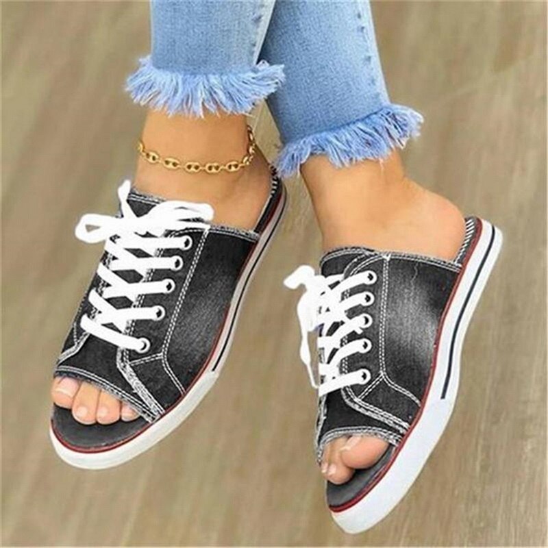 kamames summer open-toe fish mouth denim lace-up shoes casual flat shoes ladies large canvas slippers